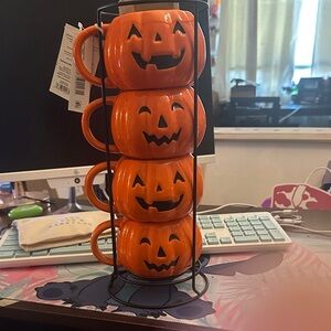 Halloween Pumpkin Stackable Mugs - Orange Ceramic Set